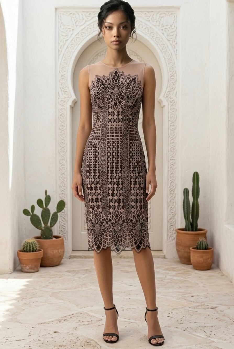 Guipure Lace Tan Black Overlay Midi Sheath Dress Sz 4 Romantic Illusion Art Deco